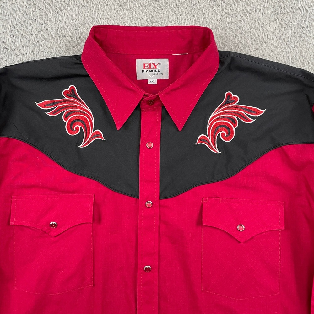 Ely Diamond Western Shirt Mens XXL Red Black Pearl Snap Embroidered Cowboy Yoke